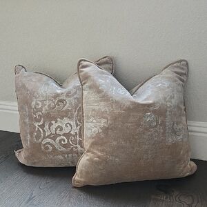 Elegant Damask Tan + Silver Homemade Throw Pillows - Set of 2